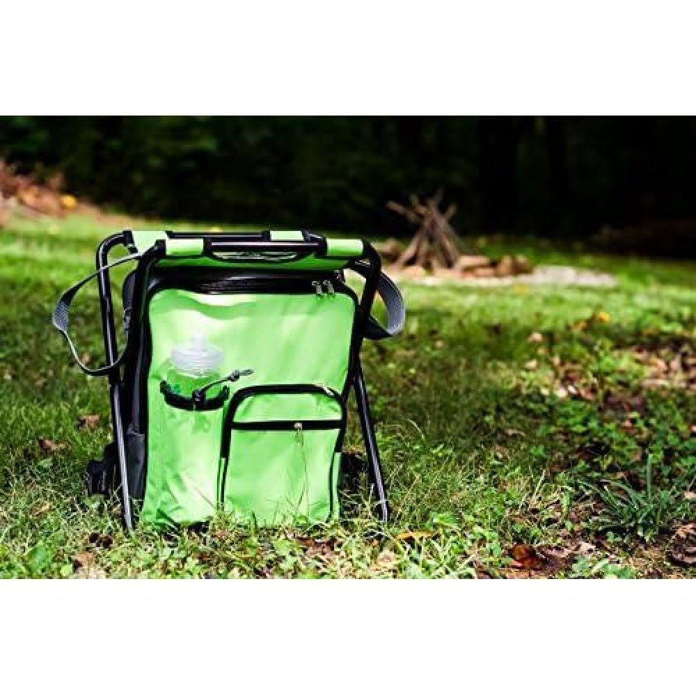 Camco Folding Camping Stool Backpack Cooler Trio- Camping /Hiking Bag With Waterproof Insulated Cooler Pockets And Sturdy Legs For Seating, Great For Travel- Green (51909)