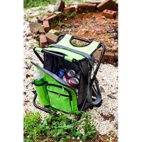 Camco Folding Camping Stool Backpack Cooler Trio- Camping /Hiking Bag With Waterproof Insulated Cooler Pockets And Sturdy Legs For Seating, Great For Travel- Green (51909)