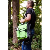 Camco Folding Camping Stool Backpack Cooler Trio- Camping /Hiking Bag With Waterproof Insulated Cooler Pockets And Sturdy Legs For Seating, Great For Travel- Green (51909)