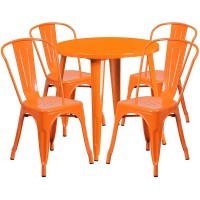 30 Round Orange Metal IndoorOutdoor Table Set with 4 Cafe Chairs