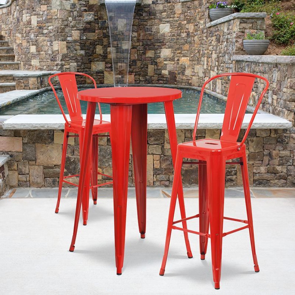 24 Round Red Metal IndoorOutdoor Bar Table Set with 2 Cafe Stools