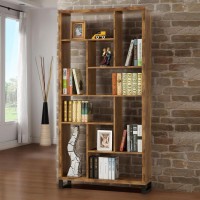 Industrial style bookcase in antique nutmeg with black metal baseVertical and horizontal display boxes alternate for a cool visual effectTen (10) shelves offer ample display space for cherished books and photosMetal, MDF, particle board, and laminate cons