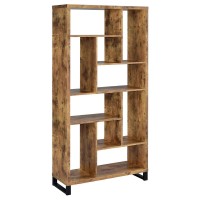 Industrial style bookcase in antique nutmeg with black metal baseVertical and horizontal display boxes alternate for a cool visual effectTen (10) shelves offer ample display space for cherished books and photosMetal, MDF, particle board, and laminate cons