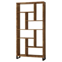 Industrial style bookcase in antique nutmeg with black metal baseVertical and horizontal display boxes alternate for a cool visual effectTen (10) shelves offer ample display space for cherished books and photosMetal, MDF, particle board, and laminate cons