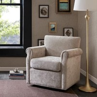 Madison Park Aldrich Swivel Chair - Solid Wood, Plywood, Metal Base Accent Armchair Modern Classic Style Family Room Sofa Furniture, Cream