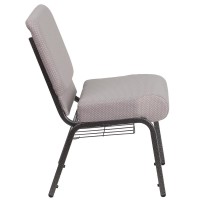 Hercules Series 21''W Church Chair In Gray Dot Fabric With Book Rack - Silver Vein Frame