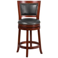 Flash Furniture Ebert 26'' High Dark Cherry Wood Counter Height Stool With Open Panel Back And Walnut Leathersoft Swivel Seat