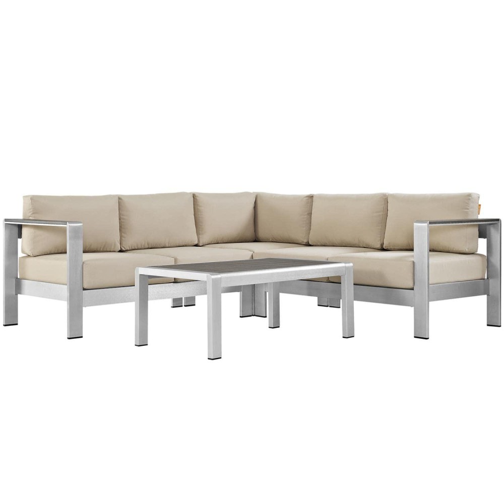 Modway Shore 4-Piece Aluminum Outdoor Patio Sectional Sofa Set In Silver Beige