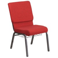 Hercules Series 18.5''W Church Chair In Red Fabric With Cup Book Rack - Silver Vein Frame