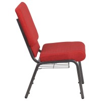 Hercules Series 18.5''W Church Chair In Red Fabric With Cup Book Rack - Silver Vein Frame