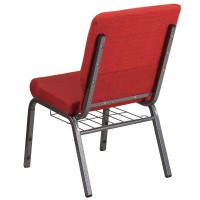 Hercules Series 18.5''W Church Chair In Red Fabric With Cup Book Rack - Silver Vein Frame