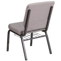 Hercules Series 18.5''W Church Chair In Gray Dot Fabric With Book Rack - Silver Vein Frame