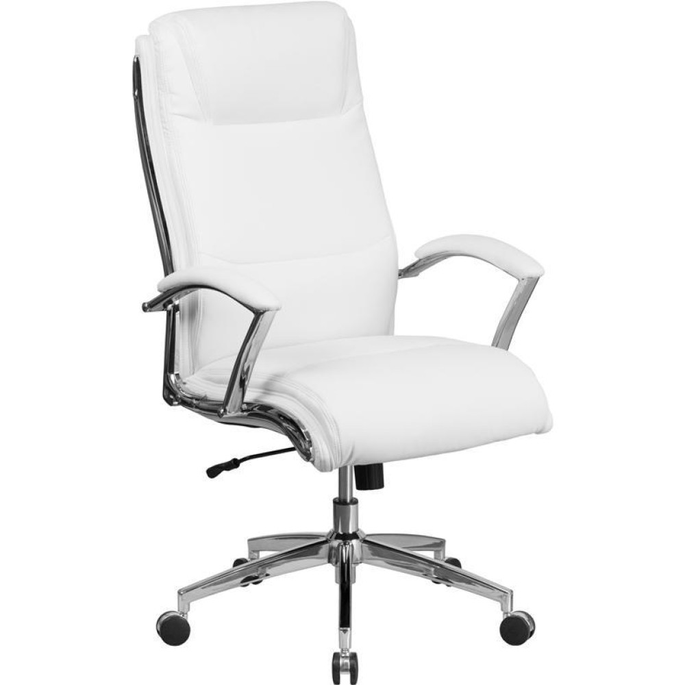 High Back Designer White Leathersoft Smooth Upholstered Executive Swivel Office Chair With Chrome Base And Arms