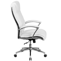 High Back Designer White Leathersoft Smooth Upholstered Executive Swivel Office Chair With Chrome Base And Arms