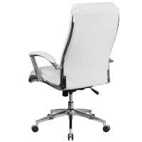 High Back Designer White Leathersoft Smooth Upholstered Executive Swivel Office Chair With Chrome Base And Arms