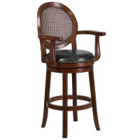 Flash Furniture Victor 30 High Expresso Wood Barstool With Arms, Woven Rattan Back And Black Leathersoft Swivel Seat