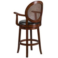 Flash Furniture Victor 30 High Expresso Wood Barstool With Arms, Woven Rattan Back And Black Leathersoft Swivel Seat