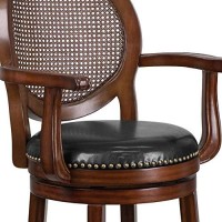 Flash Furniture Victor 30 High Expresso Wood Barstool With Arms, Woven Rattan Back And Black Leathersoft Swivel Seat