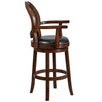 Flash Furniture Victor 30 High Expresso Wood Barstool With Arms, Woven Rattan Back And Black Leathersoft Swivel Seat