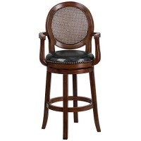 Flash Furniture Victor 30 High Expresso Wood Barstool With Arms, Woven Rattan Back And Black Leathersoft Swivel Seat