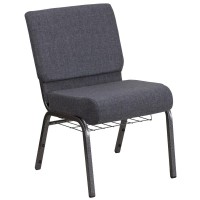 Hercules Series 21''W Church Chair In Dark Gray Fabric With Book Rack - Silver Vein Frame