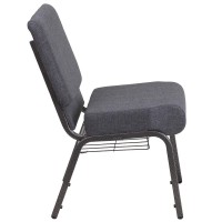 Hercules Series 21''W Church Chair In Dark Gray Fabric With Book Rack - Silver Vein Frame