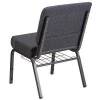 Hercules Series 21''W Church Chair In Dark Gray Fabric With Book Rack - Silver Vein Frame