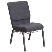 Hercules Series 18.5''W Church Chair In Dark Gray Fabric With Book Rack - Silver Vein Frame