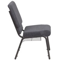 Hercules Series 18.5''W Church Chair In Dark Gray Fabric With Book Rack - Silver Vein Frame