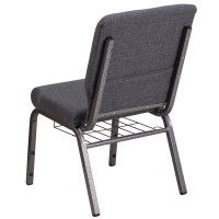 Hercules Series 18.5''W Church Chair In Dark Gray Fabric With Book Rack - Silver Vein Frame