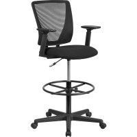 Ergonomic Mid-Back Mesh Drafting Chair With Black Fabric Seat, Adjustable Foot Ring And Adjustable Arms