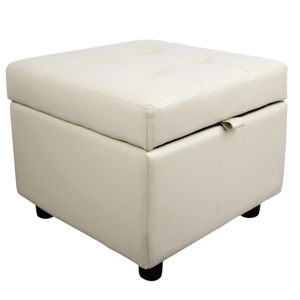 H&B Luxuries Tufted Leather Square Flip Top Storage Ottoman Cube Foot Rest (Cream With Storage)