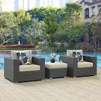 Modway Eei-2386-Chc-Bei-Set Sojourn Wicker Rattan Outdoor Patio Sunbrella Two Armchairs And Ottoman In Canvas Antique Beige