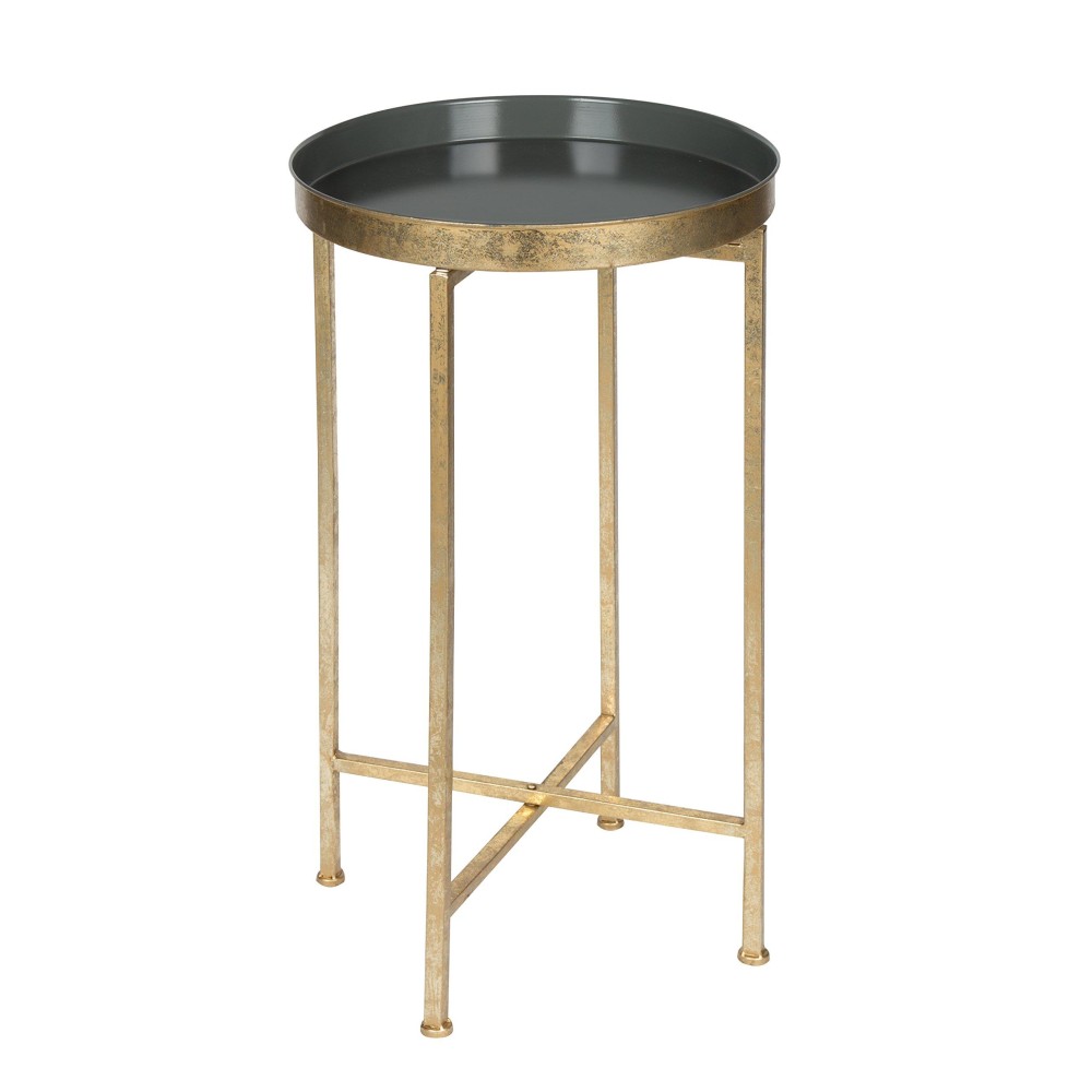 Kate And Laurel Celia Round Metal Foldable Tray Accent Table, Gray With Gold Base