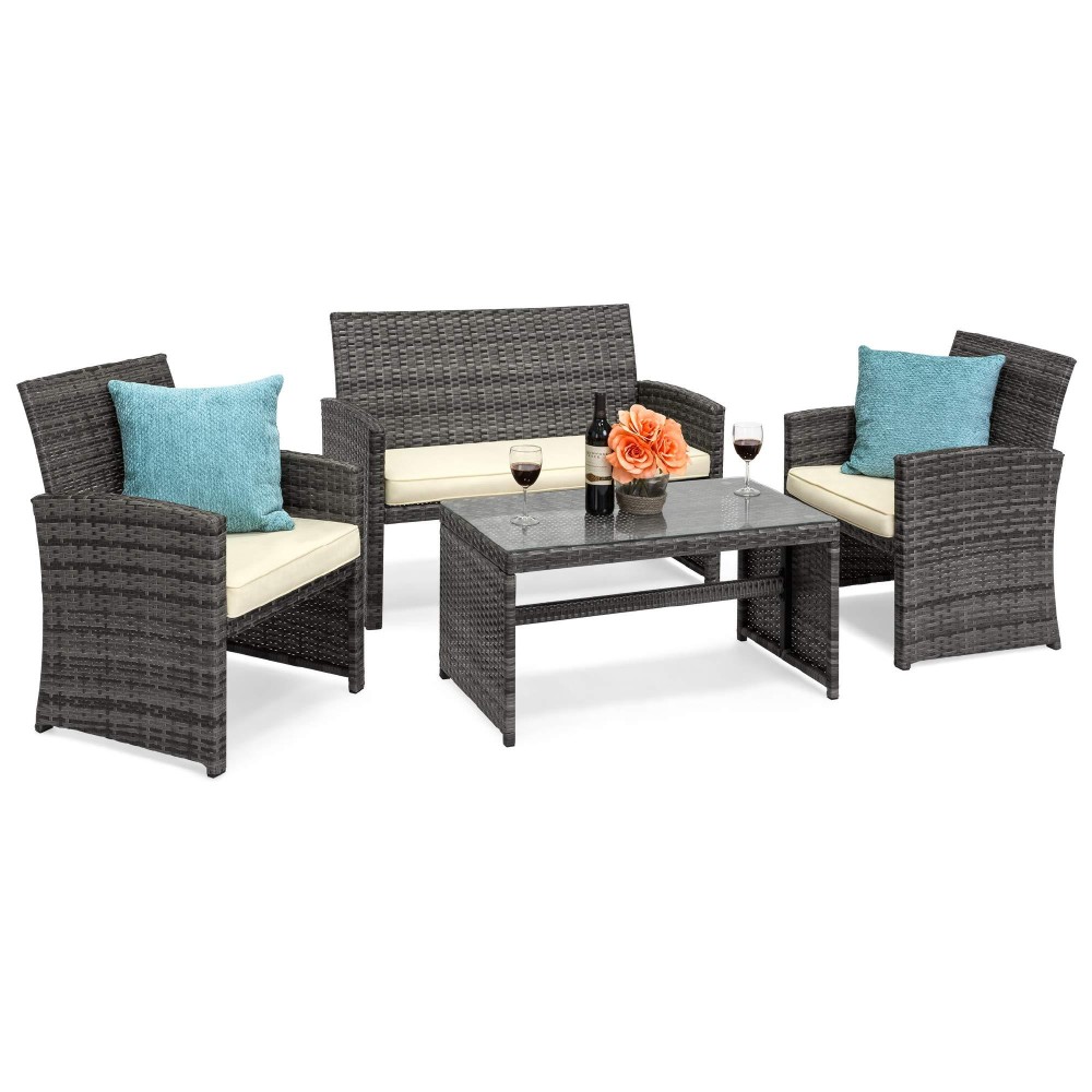 Best Choice Products 4Piece Outdoor Wicker Patio Conversation Furniture Set For Backyard Wcoffee Table Seat Cushions Grayc