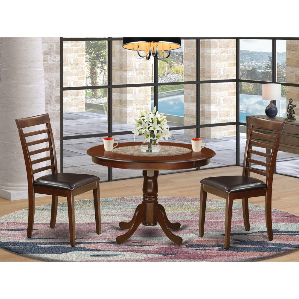 East West Furniture Hlml3-Mah-Lc 3 Piece Dining Table Set For Small Spaces Contains A Round Dining Room Table With Pedestal And 2 Faux Leather Upholstered Chairs, 42X42 Inch, Mahogany