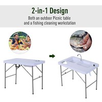 Outsunny Folding Camping Table With Faucet And Dual Water Basins, Outdoor Fish Table Sink Station, For Picnic, Fishing, 40''