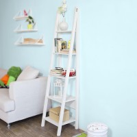 Haotian Frg101-W, White Modern 5 Tiers Ladder Shelf, Storage Display Shelving Wall Shelf Bookcase