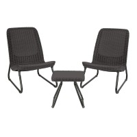 Keter Rio 3 Piece Resin Wicker Patio Furniture Set With Side Table And Outdoor Chairs, Dark Grey