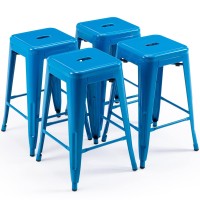 Vogue Furniture Direct 24 Inch Metal Bar Stools, Backless Counter Height Barstools, Indoor Outdoor Stackable Stools With Square Seat, Set Of 4 (Blue)