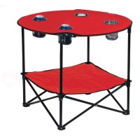 Preferred Nation 2 Tier Folding Camping Table With 4 Mesh Cup Holders Black Polyester With Metal Frame Compact, Convenient Carry Case Included Side Table For Tailgate, Picnic, Games, Beach