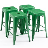 Vogue Furniture Direct 24 Inch Metal Bar Stools, Backless Counter Height Barstools, Indoor Outdoor Stackable Stools With Square Seat, Set Of 4 (Green)