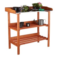 Relaxdays Wooden Garden Table, 3 Shelves, Metal Worktop, Germination, 87.5 X 91.8 X 41.5, Orange