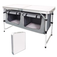 Campland Outdoor Folding Table Aluminum Lightweight Height Adjustable With Storage Organizer For Bbq, Party, Camping (White)