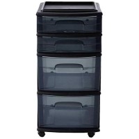 Homz Tall Solid Plastic Versatile 4 Drawer Medium Home Storage Cart With 4 Caster Wheels For Home, Office, Dorm, And Classroom, Black