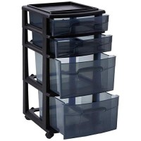 Homz Tall Solid Plastic Versatile 4 Drawer Medium Home Storage Cart With 4 Caster Wheels For Home, Office, Dorm, And Classroom, Black