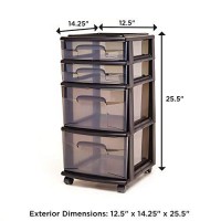 Homz Tall Solid Plastic Versatile 4 Drawer Medium Home Storage Cart With 4 Caster Wheels For Home, Office, Dorm, And Classroom, Black