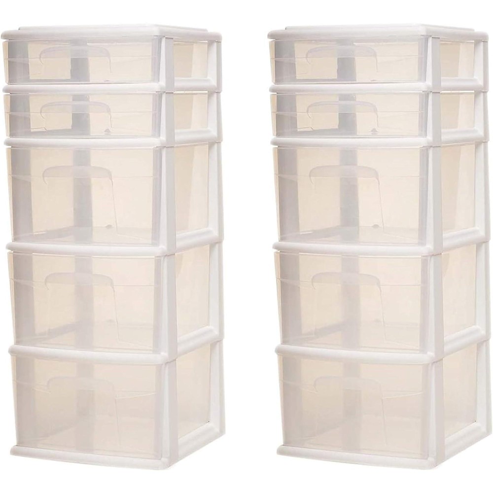 Homz 2Pack 5Drawer Storage Unit Home Office Plastic Organizer White Frame