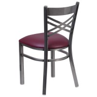 Hercules Series Clear Coated ''X'' Back Metal Restaurant Chair - Burgundy Vinyl Seat