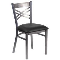 Hercules Series Clear Coated ''X'' Back Metal Restaurant Chair - Black Vinyl Seat